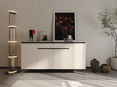 Modern White Entryway Side Cabinet With Artwork Potted Plant and Decorative Storage 3d model
