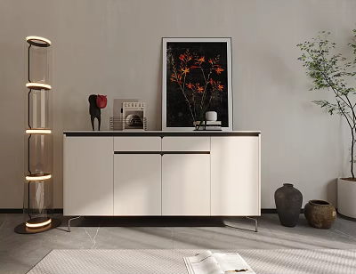 Modern White Entryway Side Cabinet With Artwork Potted Plant and Decorative Storage 3d model