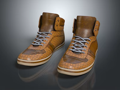 Brown High Top Lace Up Shoes With Textured Upper And Light Sole 3d model