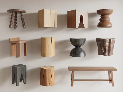 Various Wooden Stools With Different Designs For Home Decor And Furniture 3d model