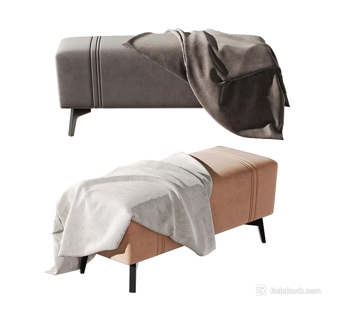 Gray and Brown Upholstered Footstools With Soft Blanket Covers and Stitching Details 3d model 