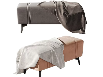 Gray and Brown Upholstered Footstools With Soft Blanket Covers and Stitching Details 3d model