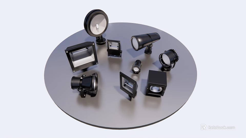Various Types of Outdoor Lights with Different Designs Displayed on Round Platform 3d model 