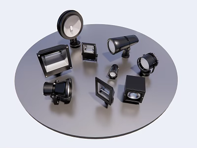 Various Types of Outdoor Lights with Different Designs Displayed on Round Platform 3d model