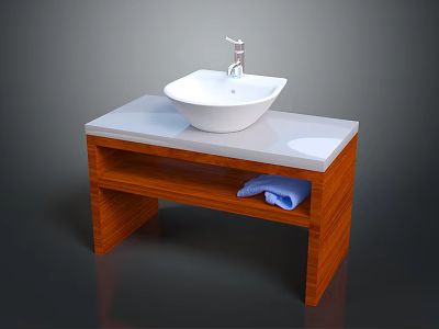 Food Preparation Space With Wooden Counter White Sink And Blue Towel 3d model