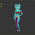 Blue Skinned Game Movie Character With Double Bun Hairstyle Purple Yellow Outfit And Golden Accessories