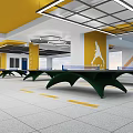 Indoor Table Tennis Fitness Training Area With Green Tables And Yellow Floor Lines