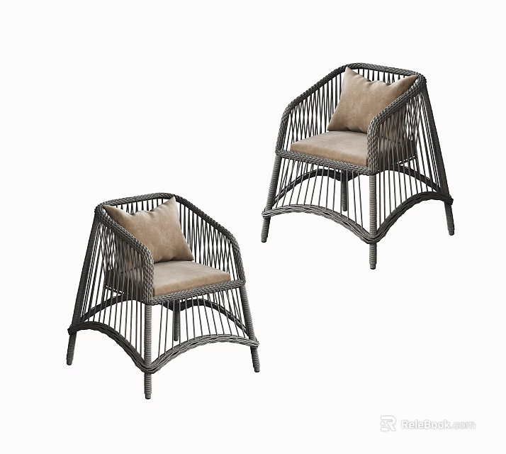 Two Modern Rattan Outdoor Chairs With Armrests And Light Brown Cushions 3d model 