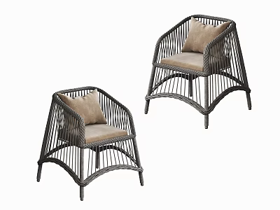 Two Modern Rattan Outdoor Chairs With Armrests And Light Brown Cushions 3d model
