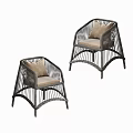Two Modern Rattan Outdoor Chairs With Armrests And Light Brown Cushions