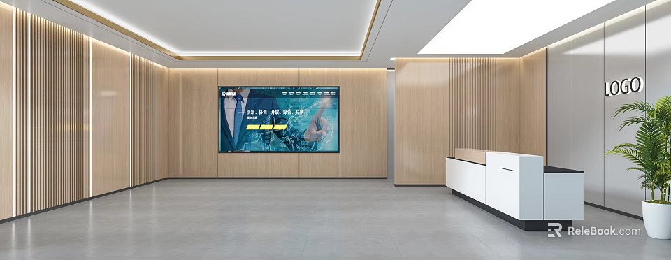 Modern Reception Desk Interior With Wooden Wall Panels And Large Screen 3d model 
