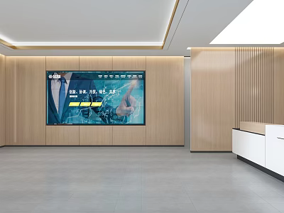 Modern Reception Desk Interior With Wooden Wall Panels And Large Screen 3d model