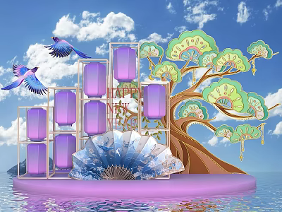 Scenic Photo Spot With Purple Lanterns Green Fan Trees Blue Birds On Water Platform 3d model