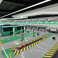 Modern Parking Lot With Green Buses Yellow Black Warning Stripes And Facilities