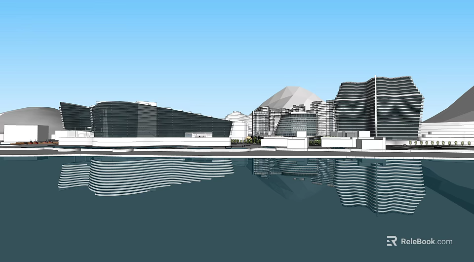 Modern Hotel Building With Waterfront Reflection And Mountain View Under Blue Sky 3d model 