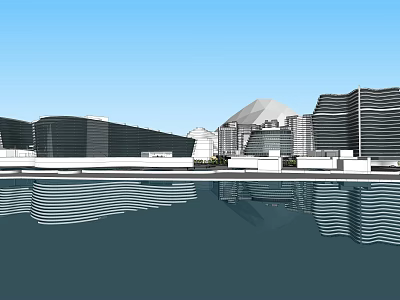 Modern Hotel Building With Waterfront Reflection And Mountain View Under Blue Sky 3d model