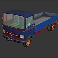 Blue Mercedes Flatbed Truck 3D Model With Red Wheels On Reflective Surface 3d model