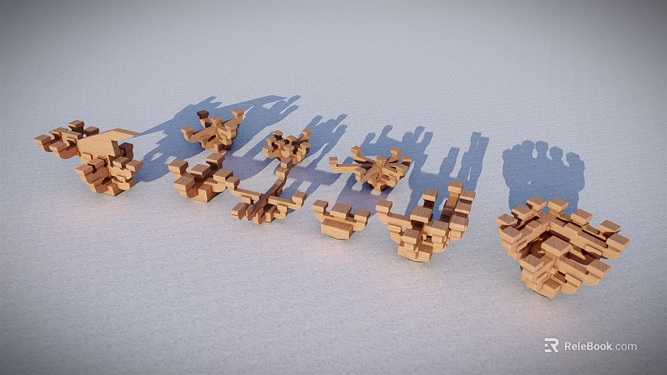 Wooden Architectural Components Models With Geometric Shapes And Light Background Shadows 3d model