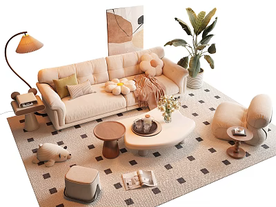 Cozy Beige Sofa and Coffee Table Set with Ottoman Pillows Rug Plant and Floor Lamp 3d model