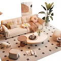 Cozy Beige Sofa and Coffee Table Set with Ottoman Pillows Rug Plant and Floor Lamp