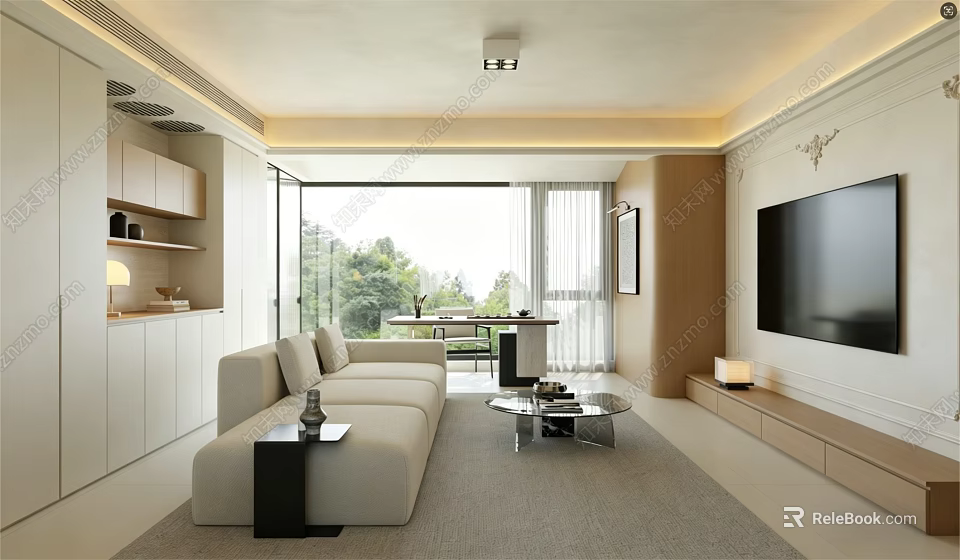 Modern Living and Dining Room Interior With Sofa TV Dining Table And Large Window 3d model 