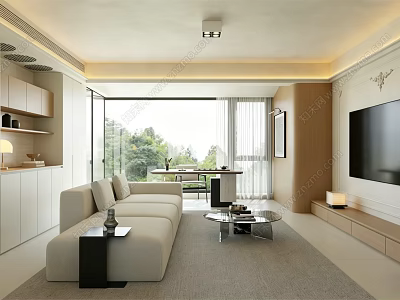 Modern Living and Dining Room Interior With Sofa TV Dining Table And Large Window 3d model