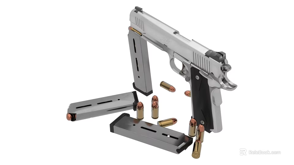 Detailed Studio Image Of Silver Pistol With Magazines And Bullets 3d model 