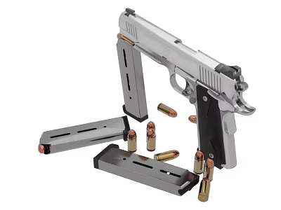 Detailed Studio Image Of Silver Pistol With Magazines And Bullets 3d model
