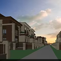 Elegant Townhouse Exterior With Landscaped Gardens Walkway People And Sunset Sky
