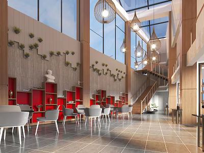 Modern Casual Lounge Area With White Chairs Red Bookshelves And Hanging Lamps 3d model
