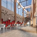 Modern Casual Lounge Area With White Chairs Red Bookshelves And Hanging Lamps