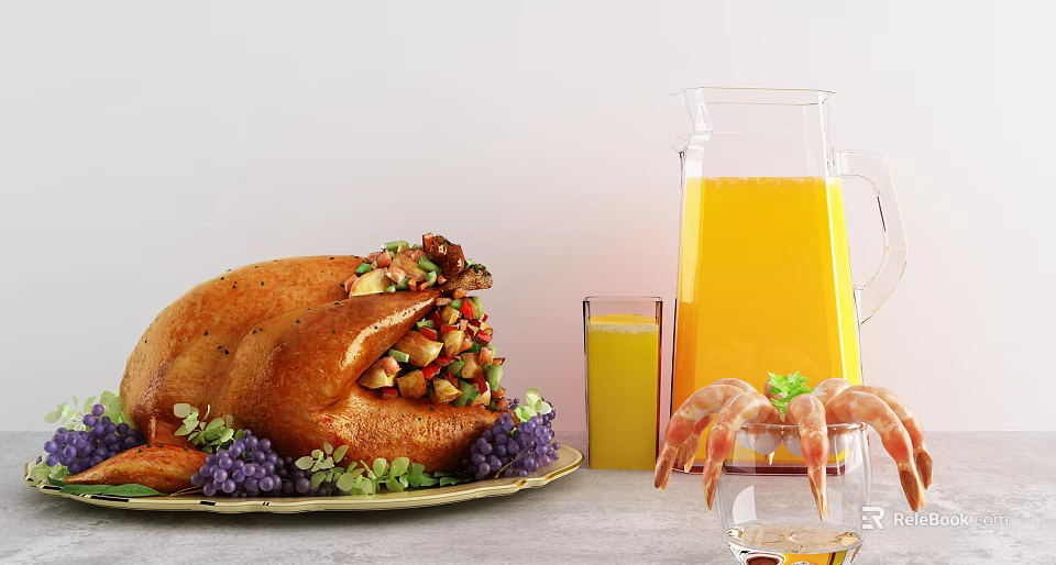 Delicious Roasted Turkey with Shrimp Fresh Grapes and Orange Juice on Table 3d model 