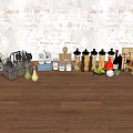 Spice Bottles Arranged With Kitchen Utensils On Wooden Floor Against Textured Wall