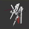 White Mecha Robot Character With Red Blue Accents Swords And Cannons Battle Stance