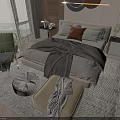 Stylish Modern Bedroom Double Bed with Gray Bedding Pillows Throw Blanket and Accent Chair