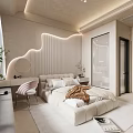 Modern Light Toned Bedroom With Large Bed Window White Curtains Green Plant And Dressing Table