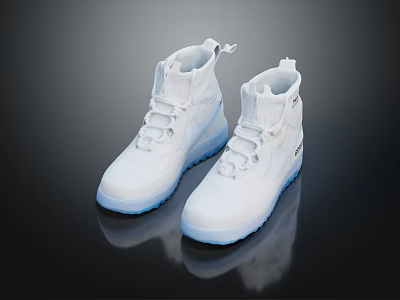 White High Top Shoes With Blue Sole And Sleek Design On Reflective Surface 3d model