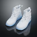 White High Top Shoes With Blue Sole And Sleek Design On Reflective Surface