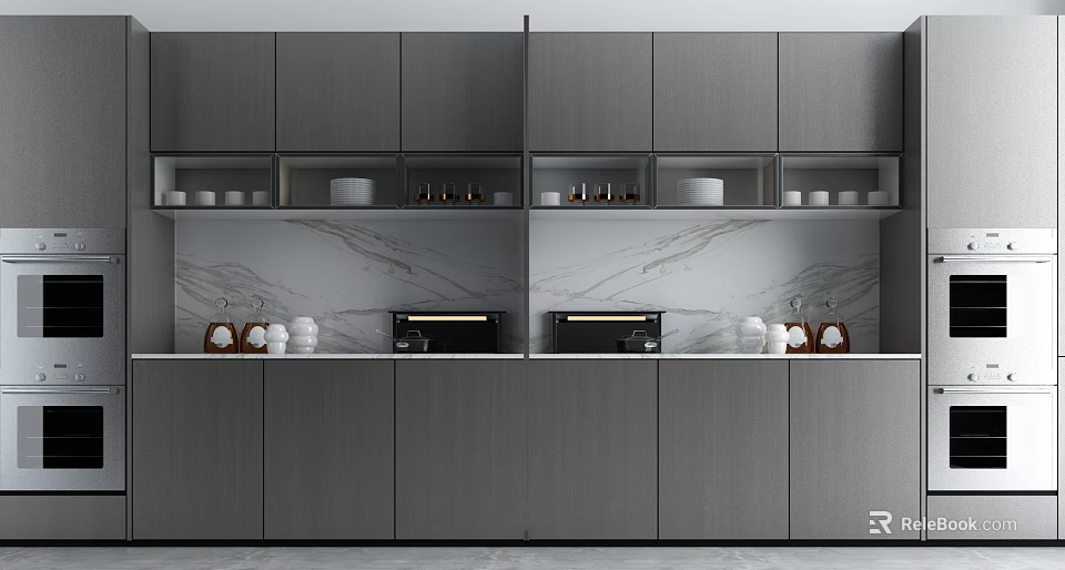 Modern Grey Kitchen Cabinets With Open Shelves Marble Backsplash And Coffee Machine 3d model 