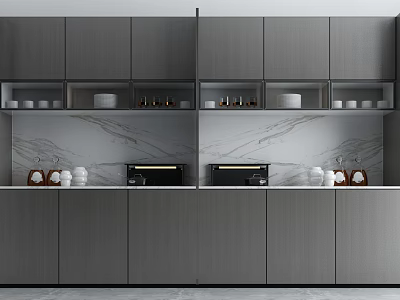 Modern Grey Kitchen Cabinets With Open Shelves Marble Backsplash And Coffee Machine 3d model