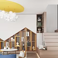 Modern Playroom Interior With Yellow Circular Ceiling Lamp White Spherical Decor Bookshelves And Kids Playhouse