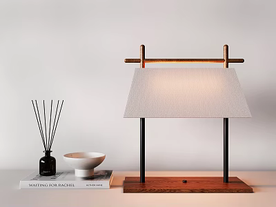 Stylish Table Lamp with Wooden Base Black Frame and White Fabric Roof Shaped Shade 3d model