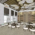 Chinese Style Restaurant Interior With Wooden Ceiling Leaf Pendant Lights Stone Wall And Round Tables