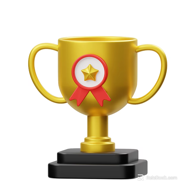 Decorative Ornament Set Featuring Gold Trophy with Red Star Emblem Red Ribbon and Black Base 3d model 