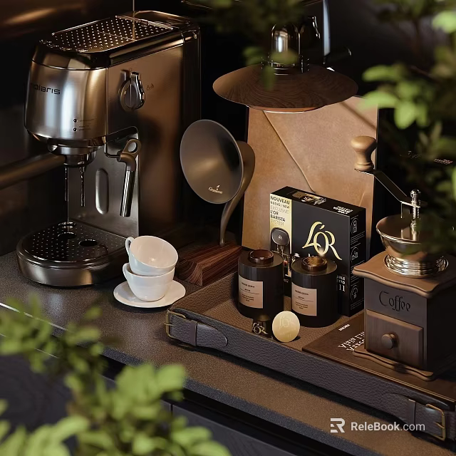 Modern Kitchen Counter With Coffee Maker Grinder Cups Coffee Box Containers Green Plants 3d model 