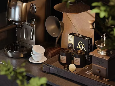 Modern Kitchen Counter With Coffee Maker Grinder Cups Coffee Box Containers Green Plants 3d model