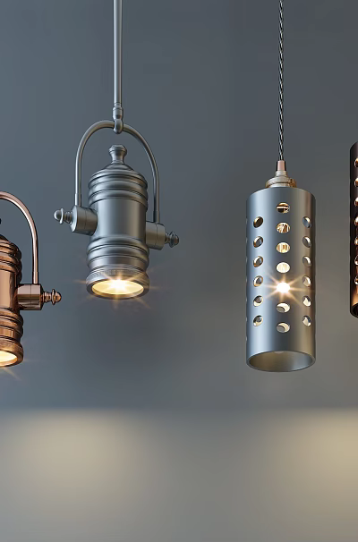 Modern Industrial Metal Pendant Lights With Perforated Design And Copper Gray Finish 3d model