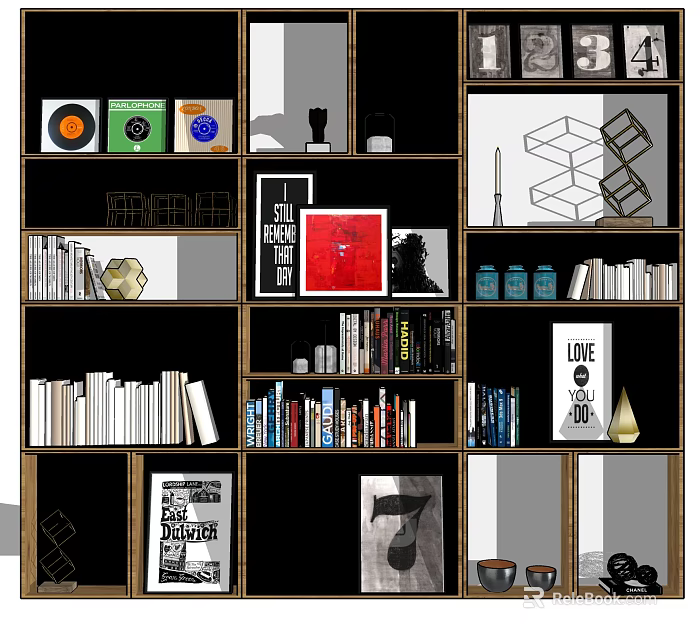 Wooden Multi Tiered Bookcase With Books Vinyl Records Art Prints And Decorative Items 3d model 