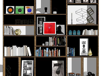 Wooden Multi Tiered Bookcase With Books Vinyl Records Art Prints And Decorative Items 3d model