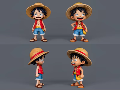 Anime Game Character With Straw Hat Red Vest Blue Shorts And Multiple Angles View 3d model